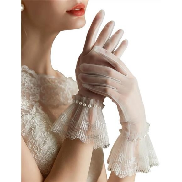 Short Lace Mesh Gloves Tulle Border with Pearls Wedding Opera Tea Party Gloves - Picture 1 of 6